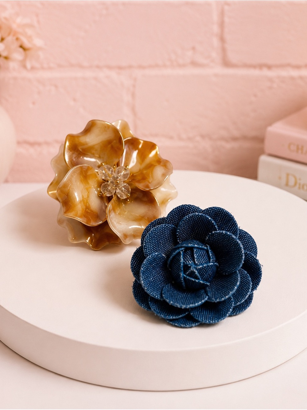 Handcrafted Flower Brooch Set Marbled Resin Denim Statement Pins